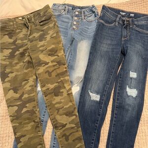 Camo, Light Blue, and Dark Blue little girl jeans